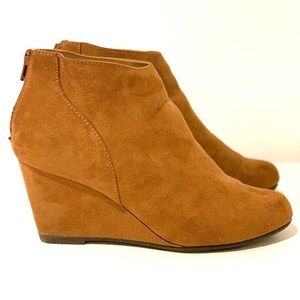 Cognac Faux Suede Wedge Booties